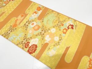 川島織物製　ヱ霞に格天井・草花模様織り出し　袋帯